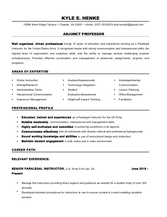 Adjunct Professor Resume Mt Home Arts