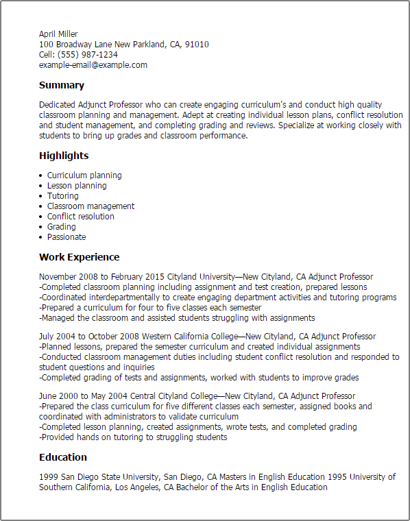Adjunct Professor Resume Mt Home Arts