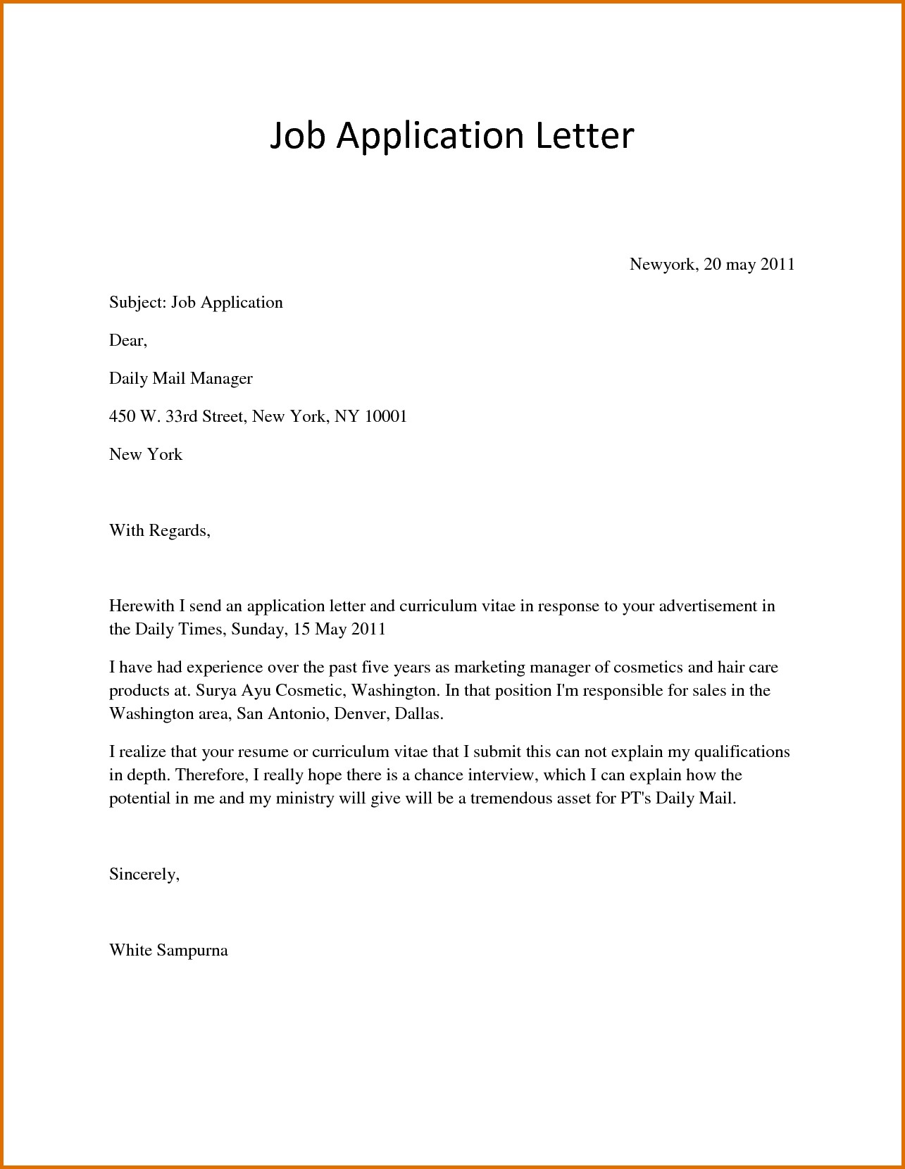 Sample letter apply job vacancy
