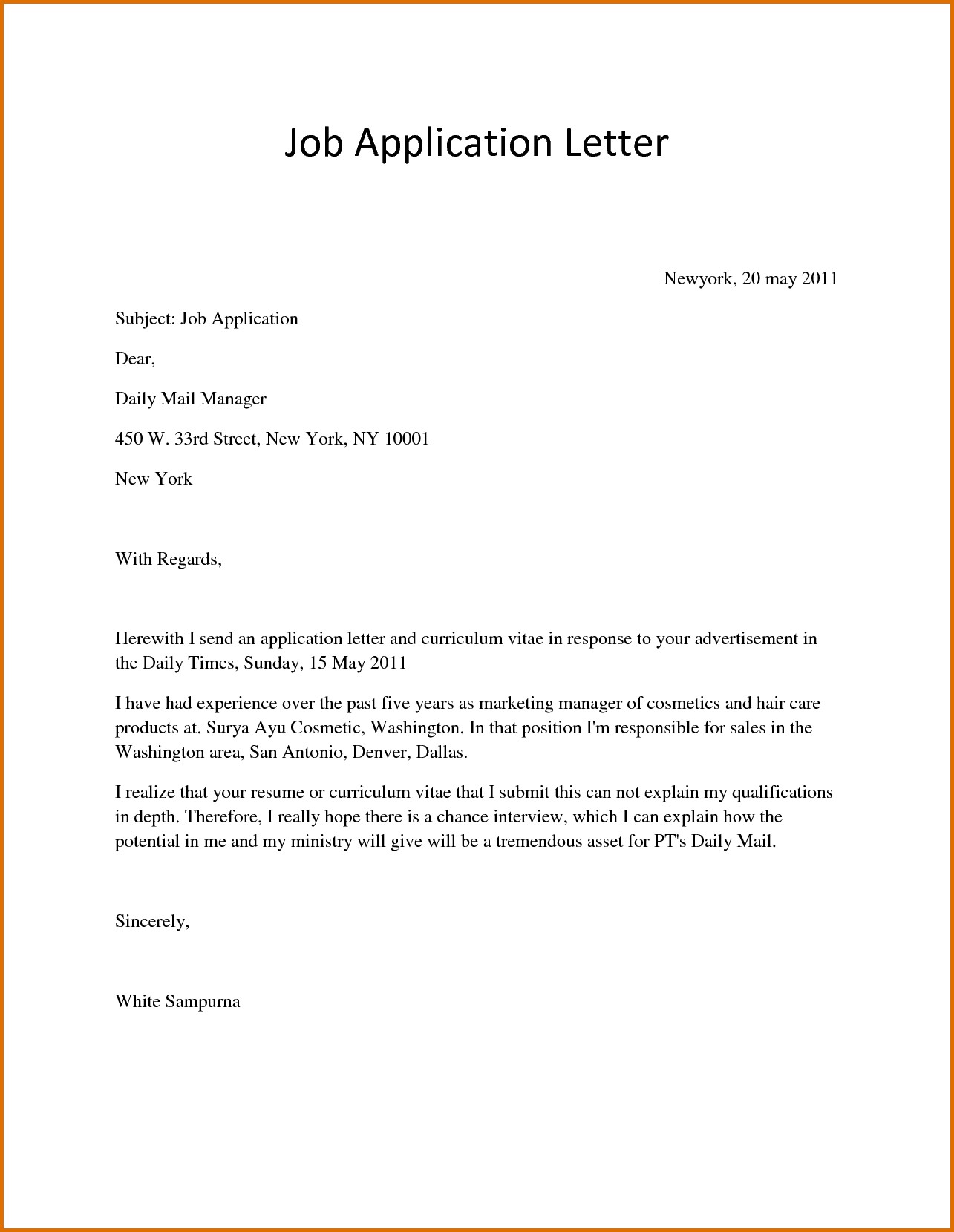 Application Letter Sample For A Job Vacancy