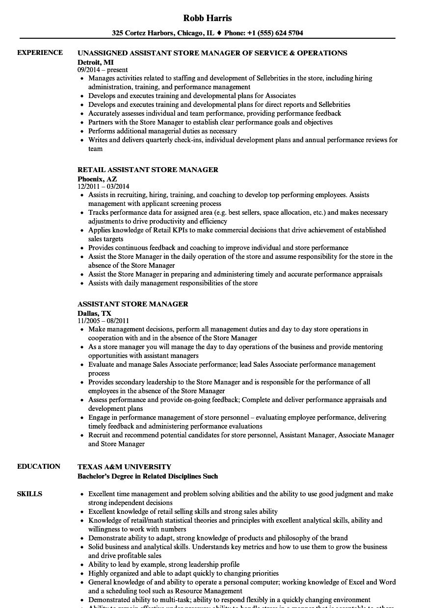 Retail Store Assistant Manager Job Description For Resume