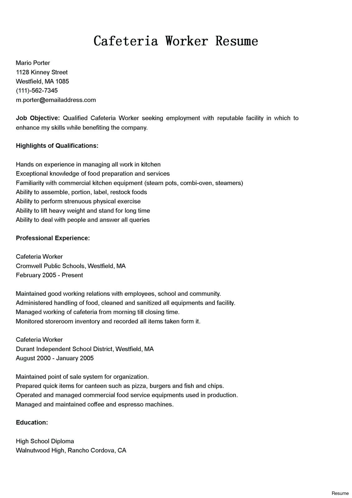 Cafeteria Worker Job Description For Resume Mt Home Arts