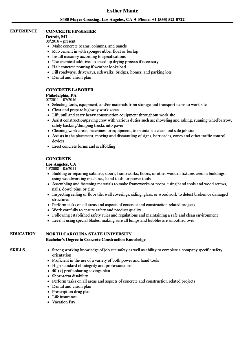 Concrete Worker Job Description For Resume | | Mt Home Arts
