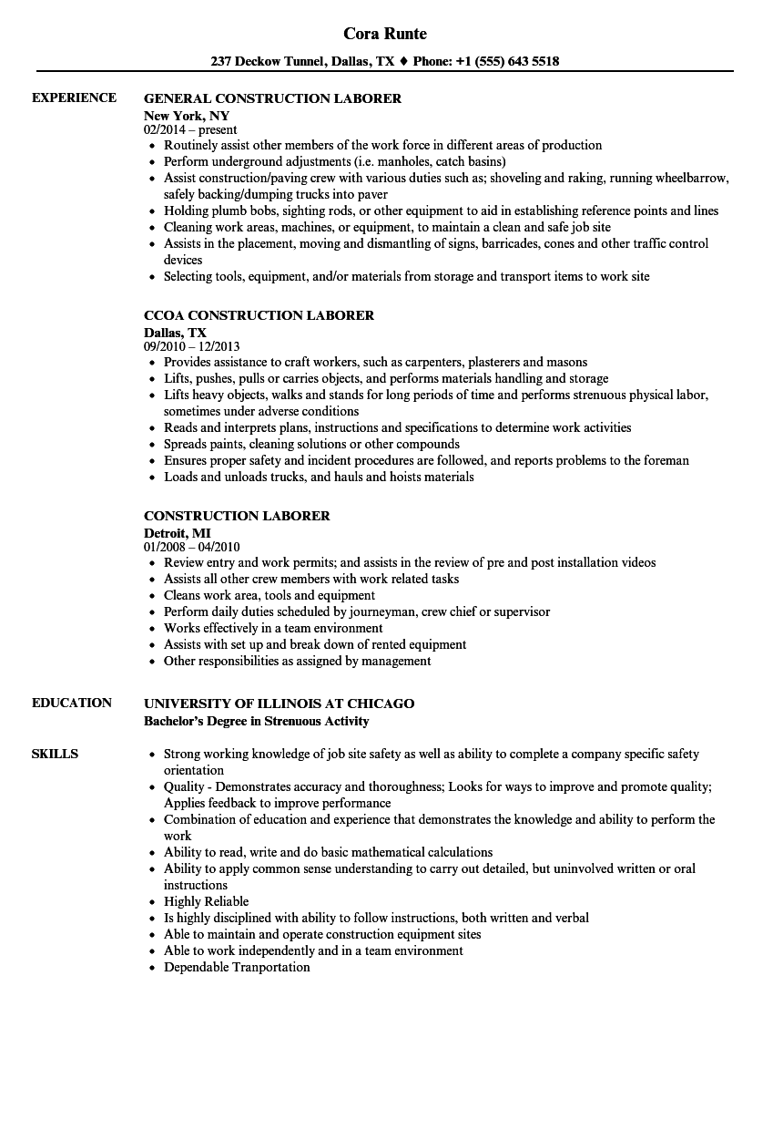 Construction Resume Sample Entry Level