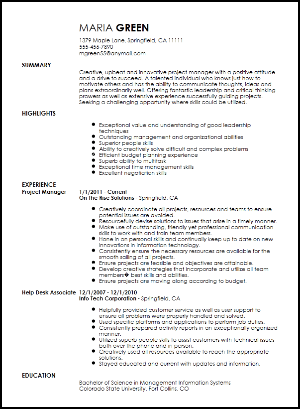 Project Manager Resume Summary Mt Home Arts