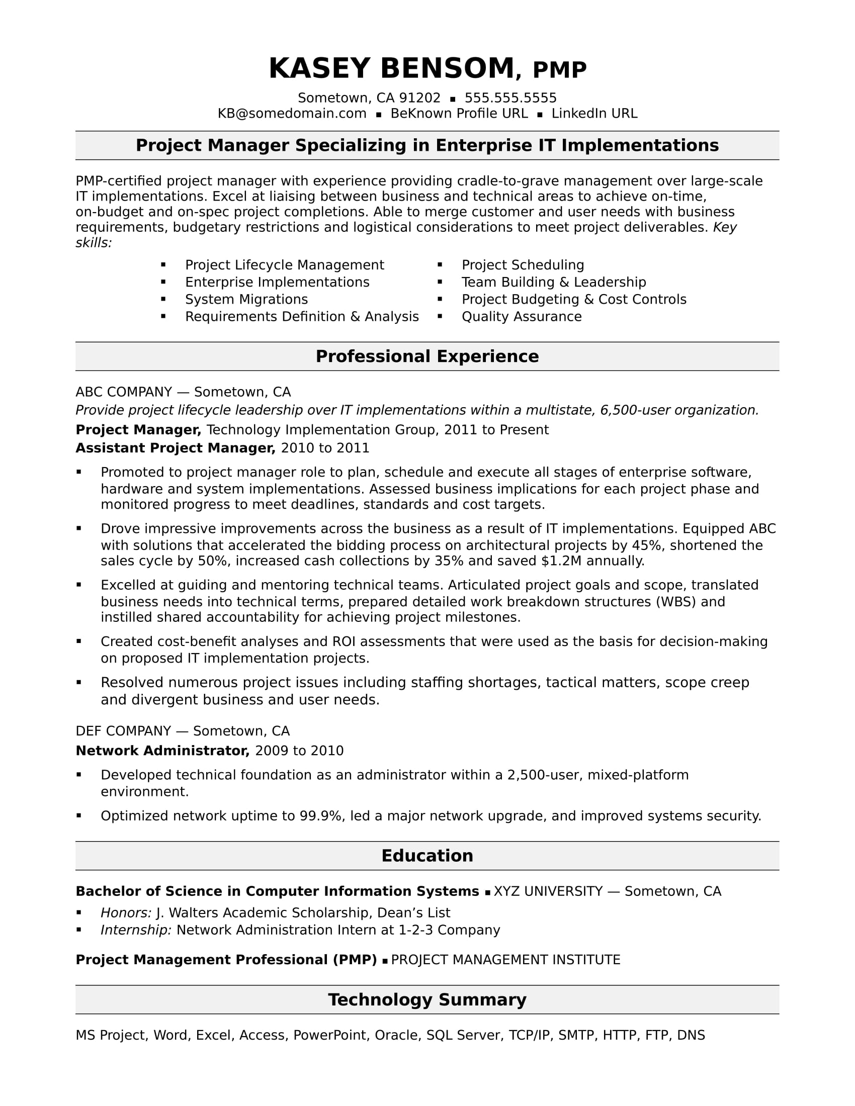 It Project Manager Resume Summary