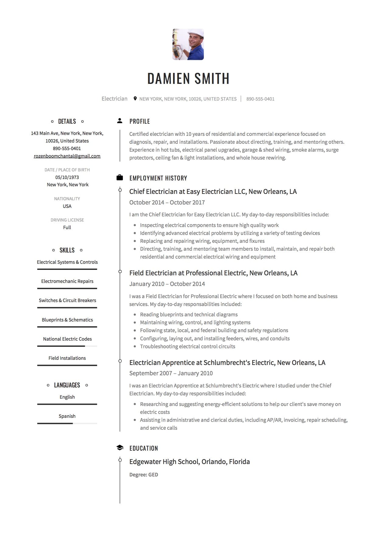 Journeyman Electrician Resume Template