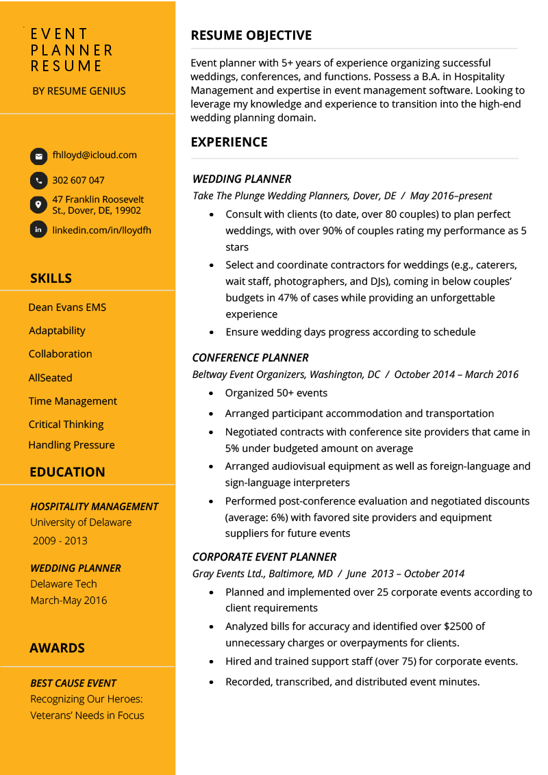 Resume Template For Event Coordinator