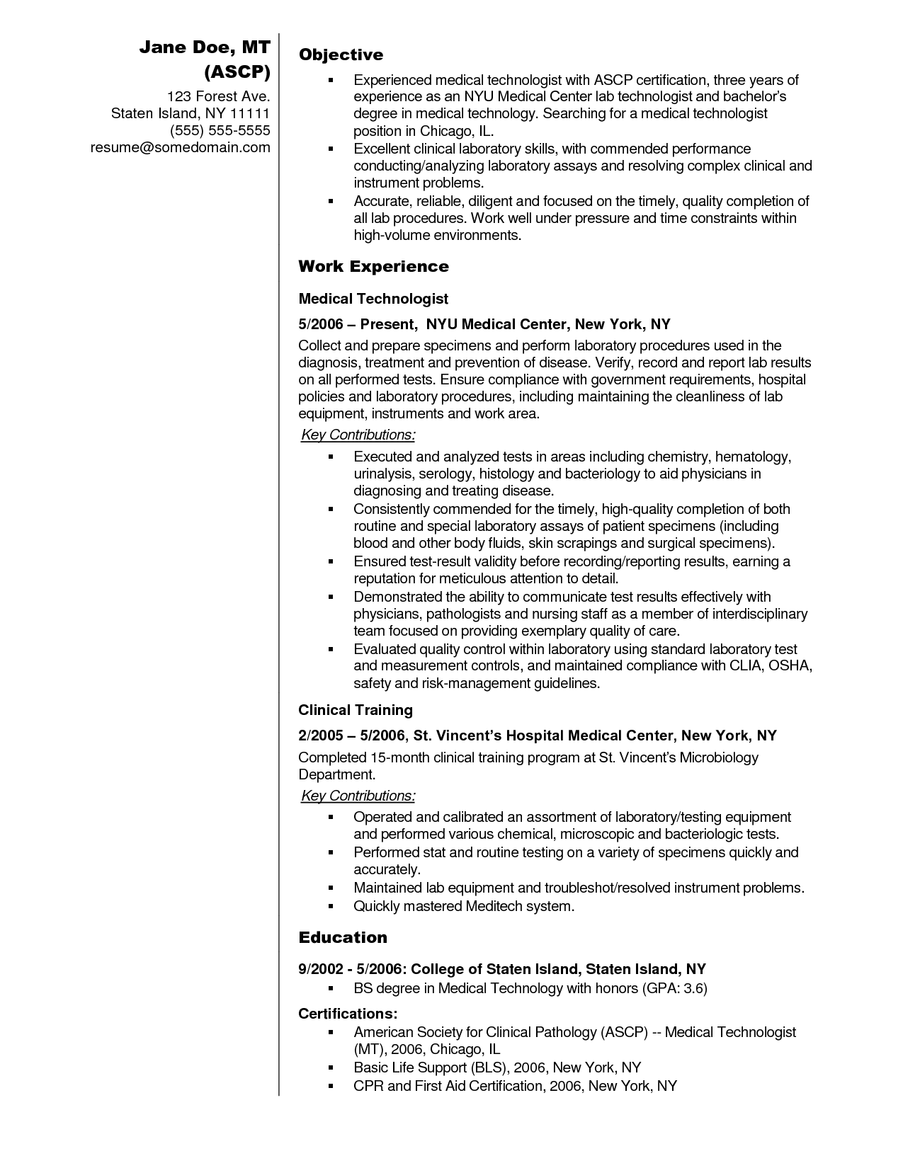 Medical Technologist Resume Mt Home Arts