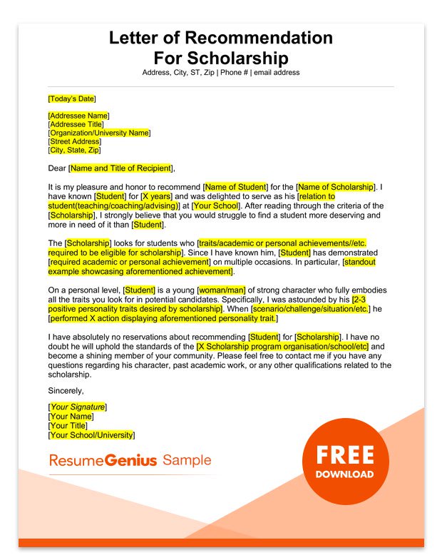 College Scholarship Reference Letter Template