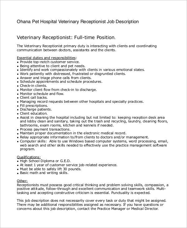 Veterinary Receptionist Job Description Mt Home Arts