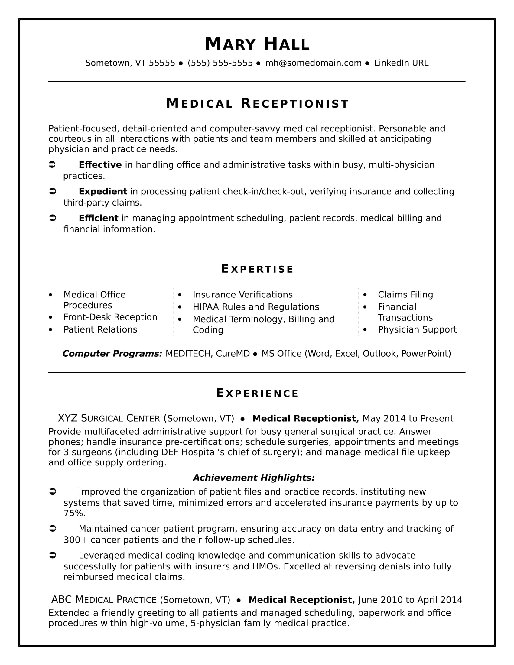 Medical Receptionist Resume Template Free
