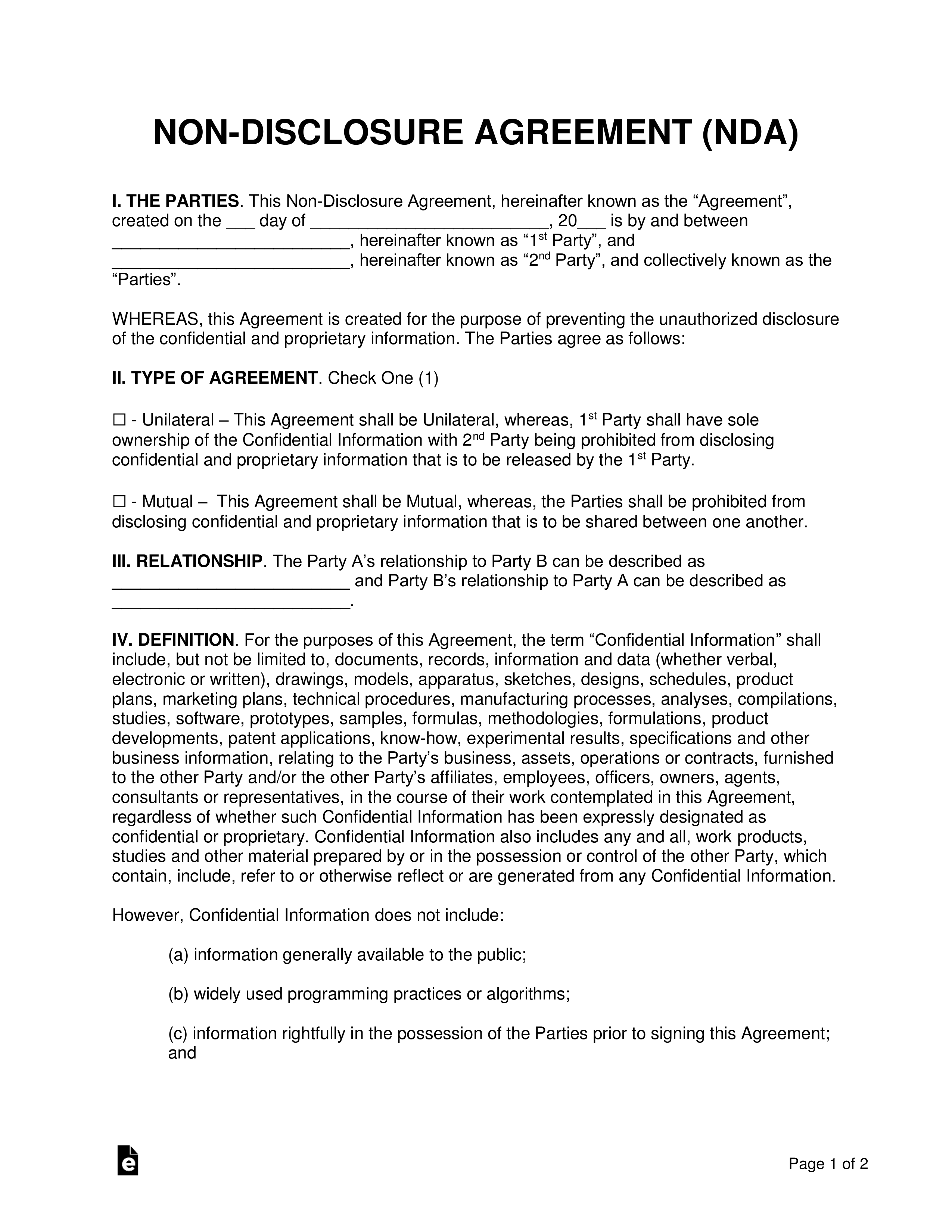 Non Disclosure Agreement For Business Idea Template