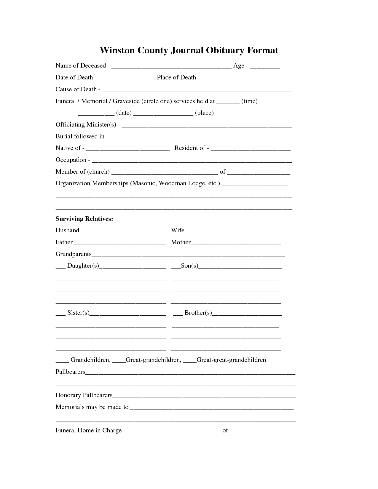 Fill In The Blank Obituary Template  Mt Home Arts Regarding Obituary Template Word Document