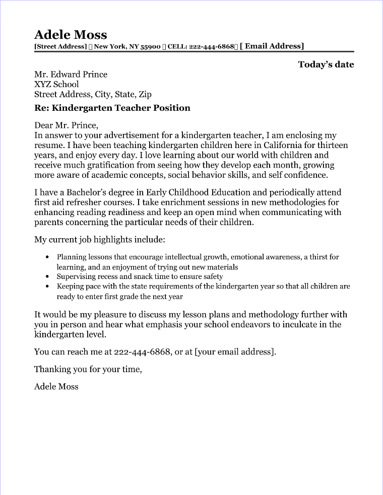 Nursery Teacher Cover Letter Examples