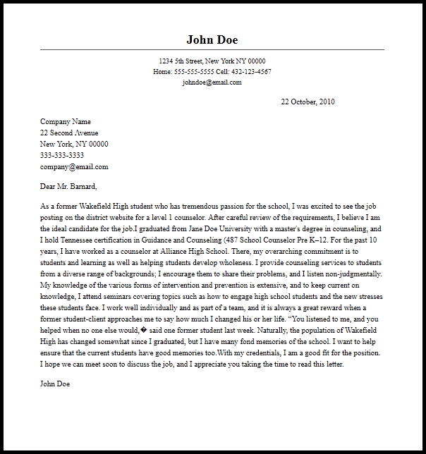 Counselor Cover Letter Mt Home Arts