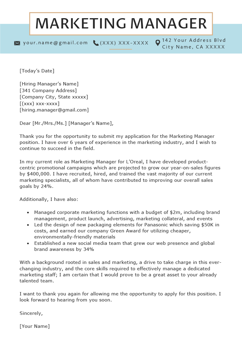 Marketing Executive Cover Letter Example