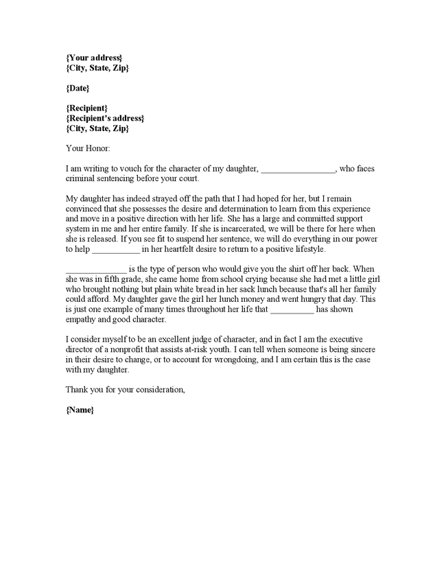 Letter Of Character For Court Template