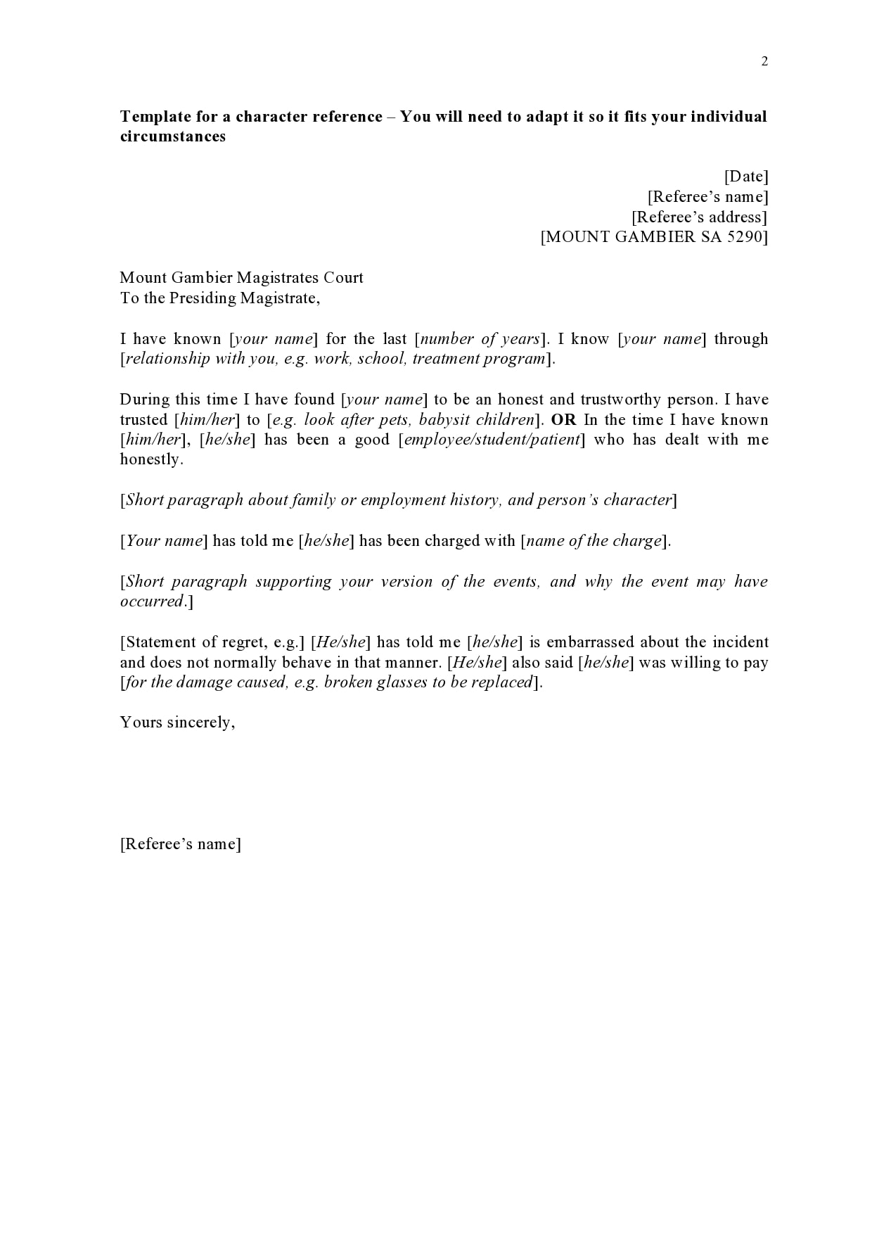 Character Reference Letter Template