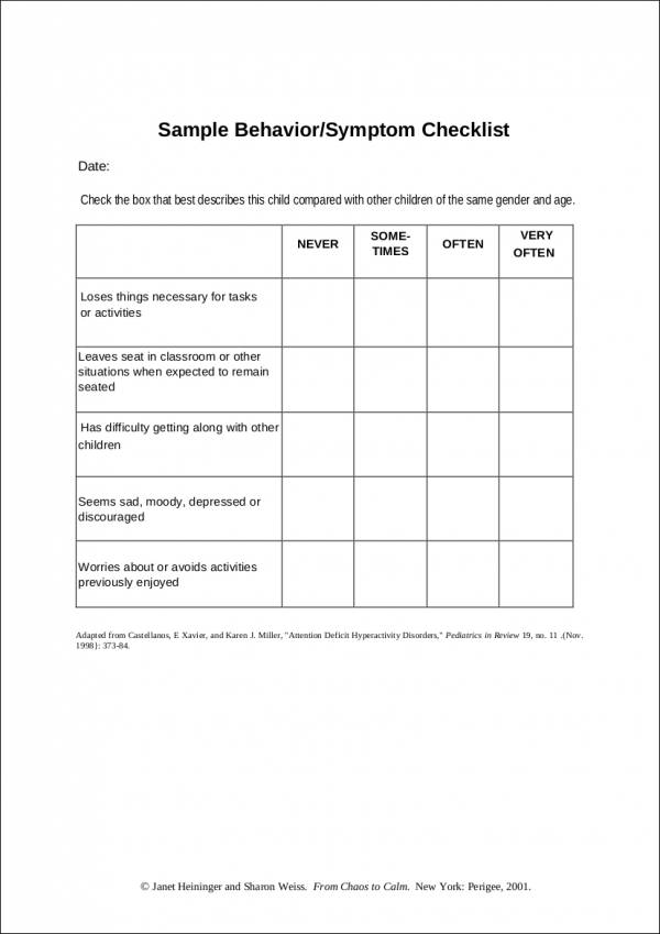 Behavior Checklist Template Mt Home Arts