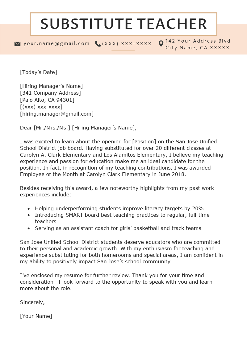 Best Cover Letter 2019 Mt Home Arts   Best Cover Letter 2019 Substitute Teacher Cover Letter Example Template 