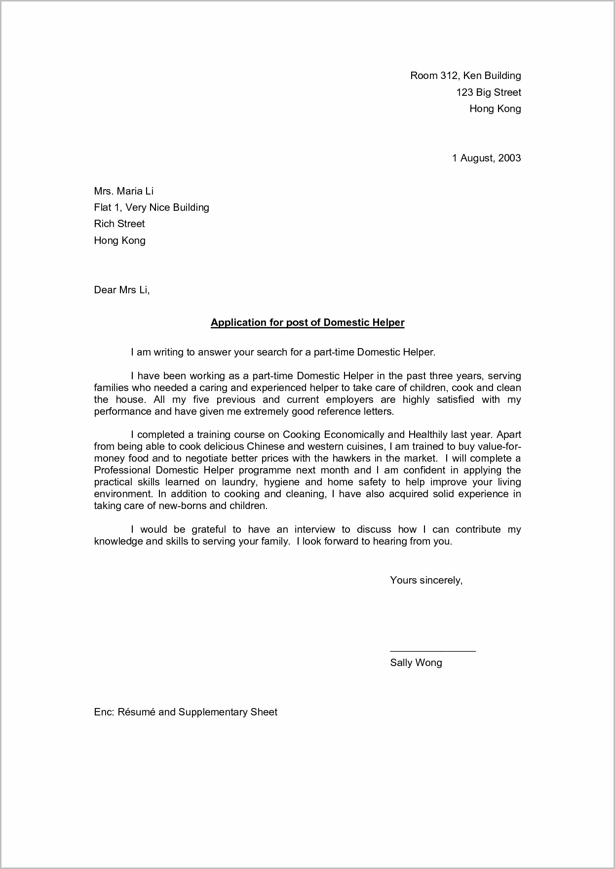 example of application letter for domestic work