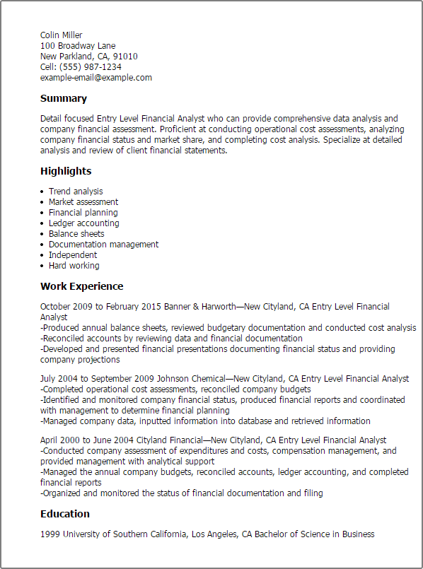 Entry Level Financial Analyst Resume Mt Home Arts