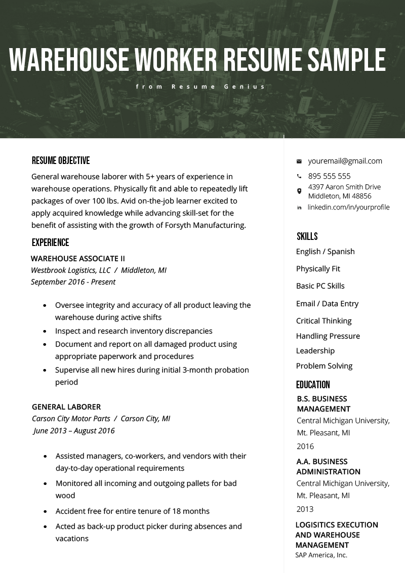 resume examples for factory jobs