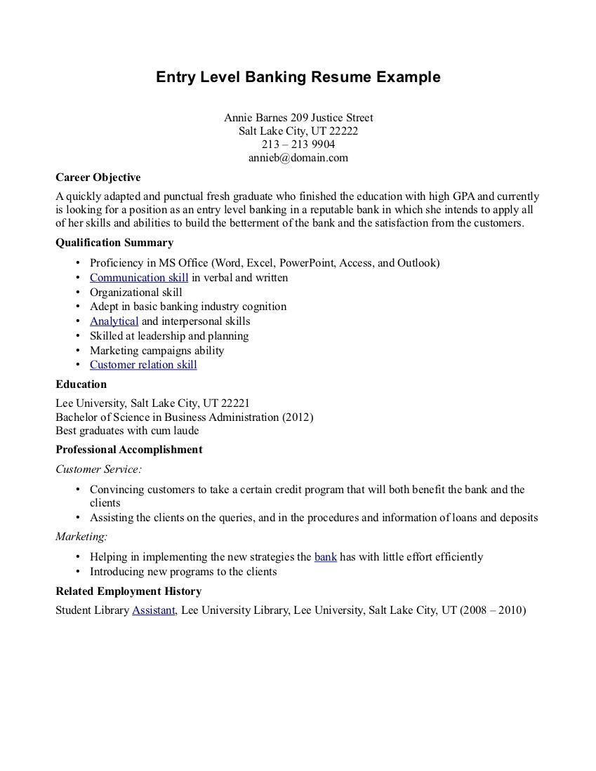 Entry Level Bank Resume | | Mt Home Arts