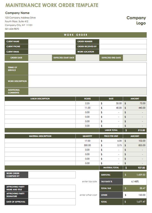 Work Order Template Mt Home Arts