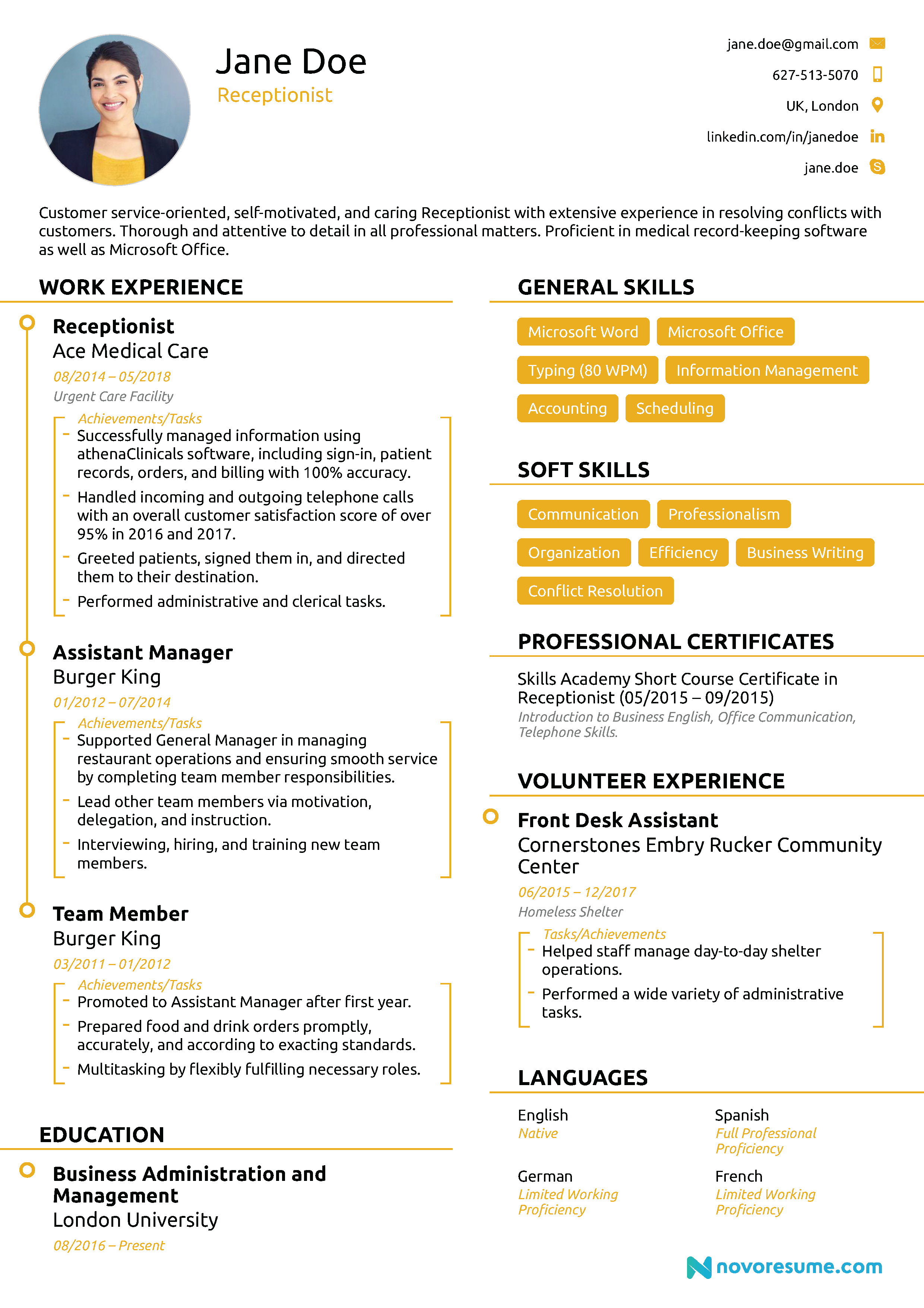 resume profile examples for receptionist