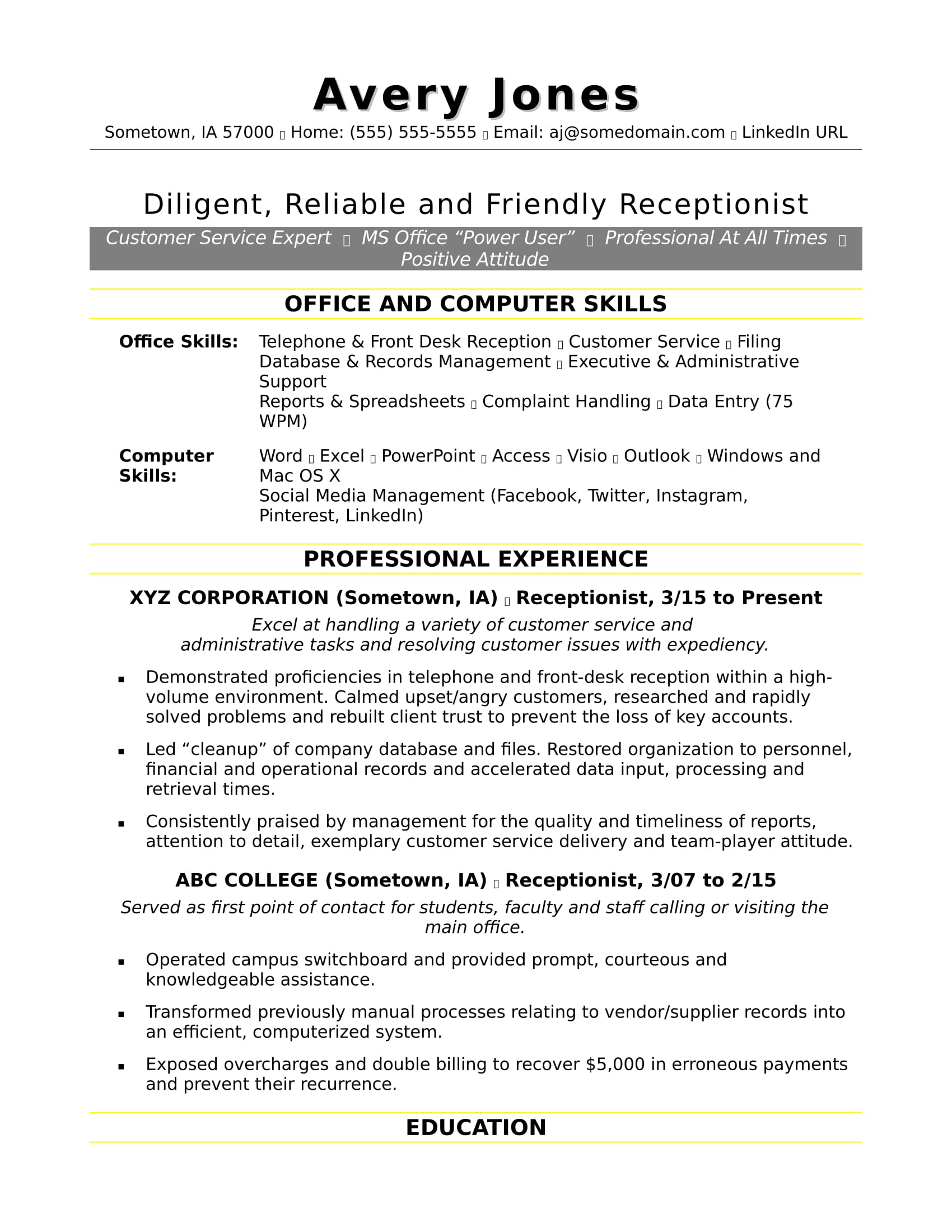 resume template for front desk position