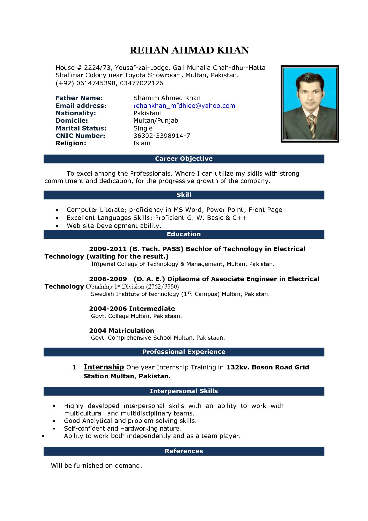 simple resume format doc file free download