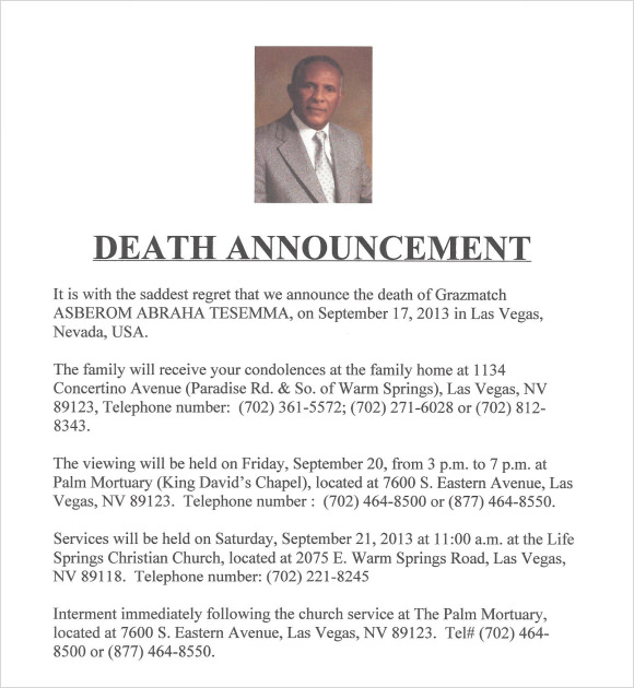 Bereavement Notice Template