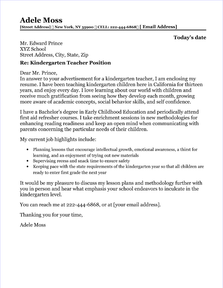 Kindergarten Teacher Cover Letter | | Mt Home Arts