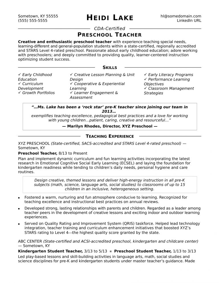 Kindergarten Teacher Resume Mt Home Arts