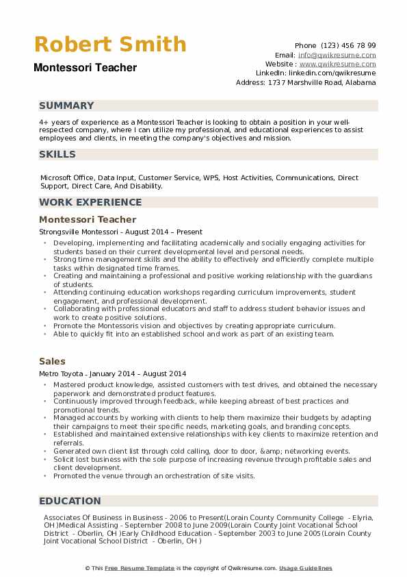 Montessori Teacher Resume Sample India